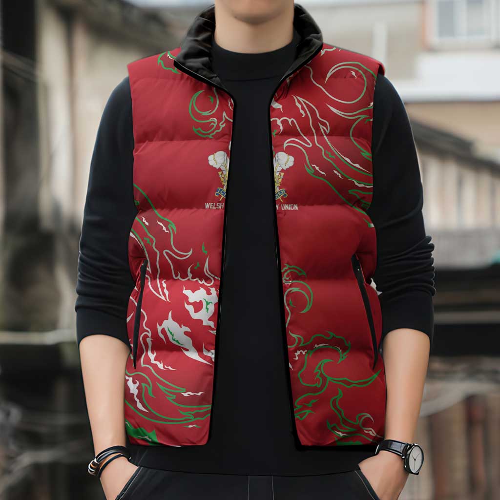 Custom Wales Rugby Pride Sleeveless Puffer Jacket Cymru Three feathers Flame Fire Style