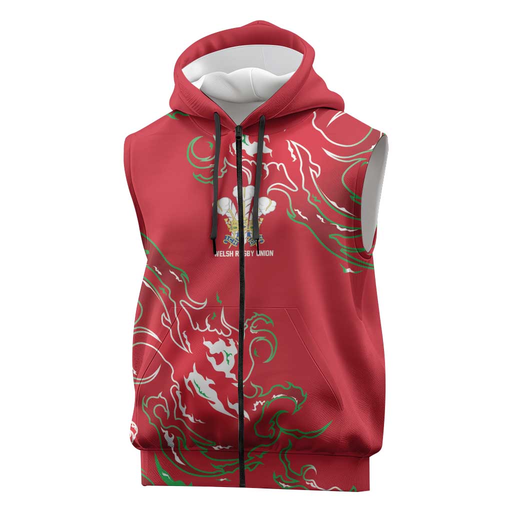 Custom Wales Rugby Pride Sleeveless Zip Hoodie Cymru Three feathers Flame Fire Style