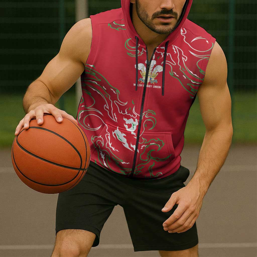 Custom Wales Rugby Pride Sleeveless Zip Hoodie Cymru Three feathers Flame Fire Style