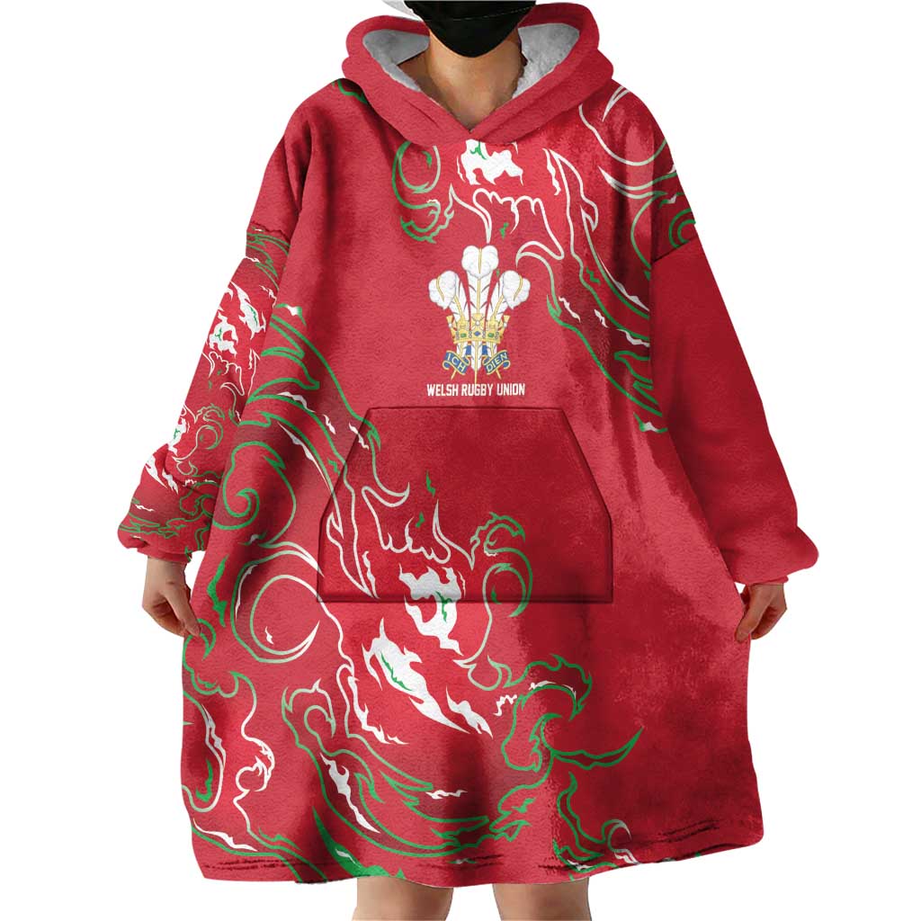 Custom Wales Rugby Pride Wearable Blanket Hoodie Cymru Three feathers Flame Fire Style