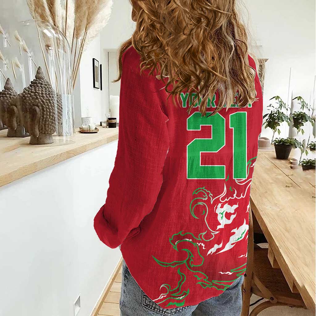 Custom Wales Rugby Pride Women Casual Shirt Cymru Three feathers Flame Fire Style