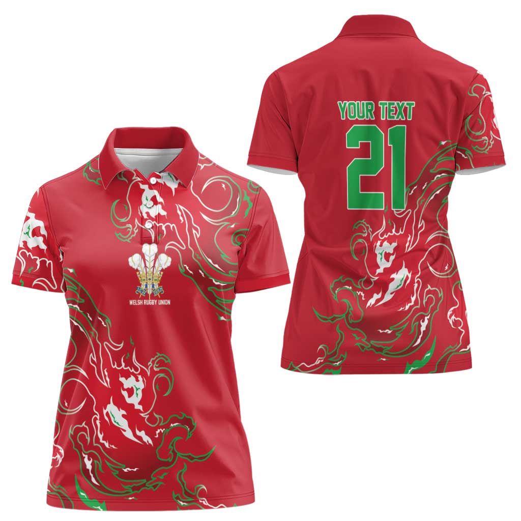 Custom Wales Rugby Pride Women Polo Shirt Cymru Three feathers Flame Fire Style