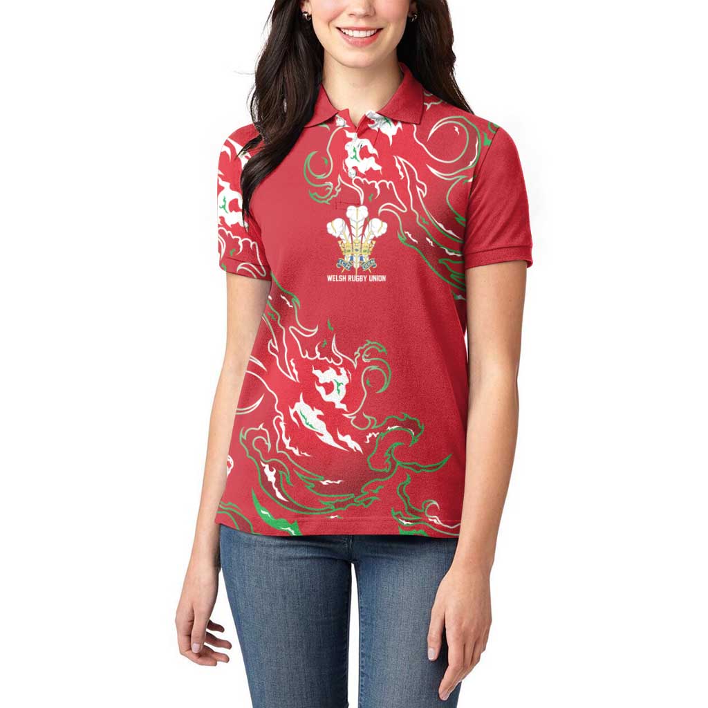 Custom Wales Rugby Pride Women Polo Shirt Cymru Three feathers Flame Fire Style