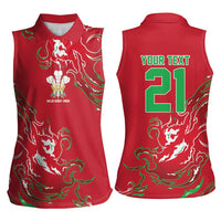 Custom Wales Rugby Pride Women Sleeveless Polo Shirt Cymru Three feathers Flame Fire Style