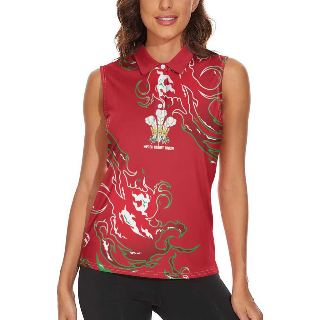 Custom Wales Rugby Pride Women Sleeveless Polo Shirt Cymru Three feathers Flame Fire Style