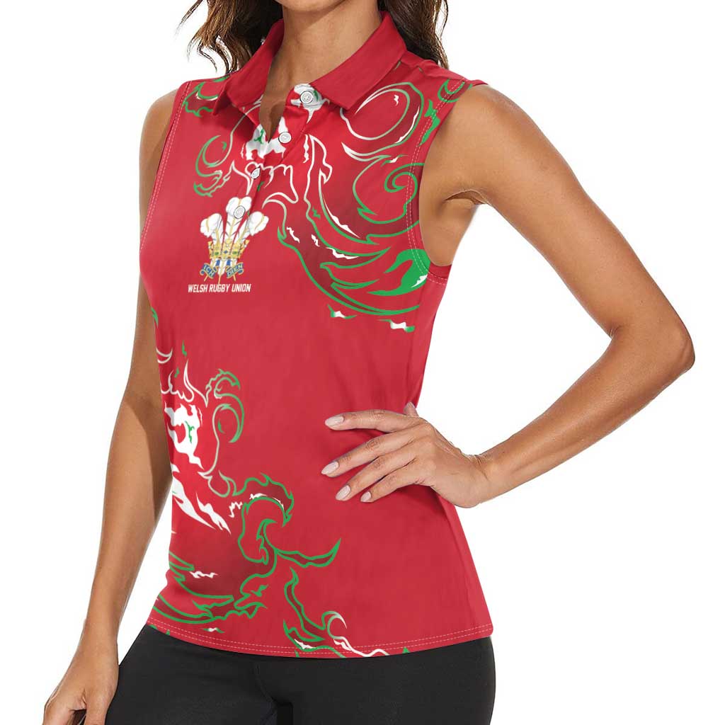 Custom Wales Rugby Pride Women Sleeveless Polo Shirt Cymru Three feathers Flame Fire Style