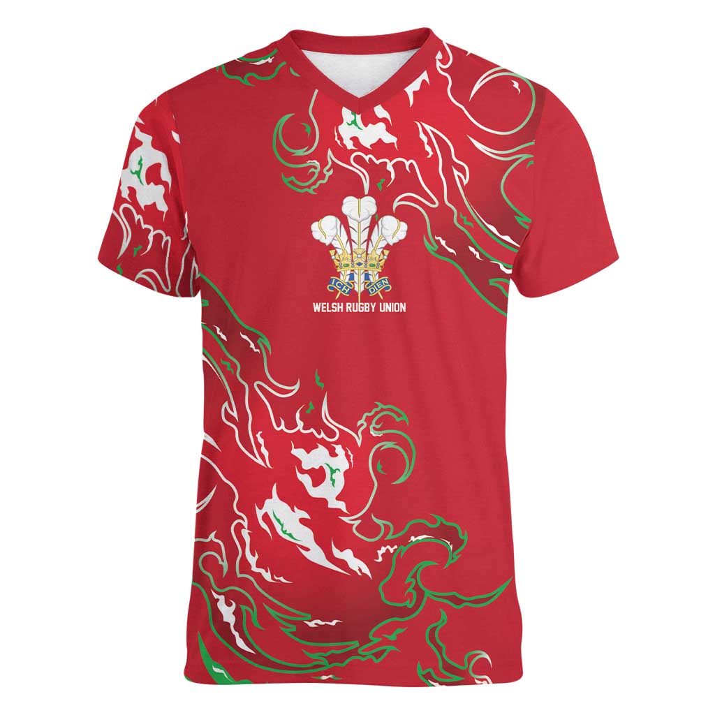 Custom Wales Rugby Pride Women V-Neck T-Shirt Cymru Three feathers Flame Fire Style