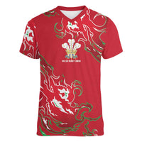 Custom Wales Rugby Pride Women V-Neck T-Shirt Cymru Three feathers Flame Fire Style