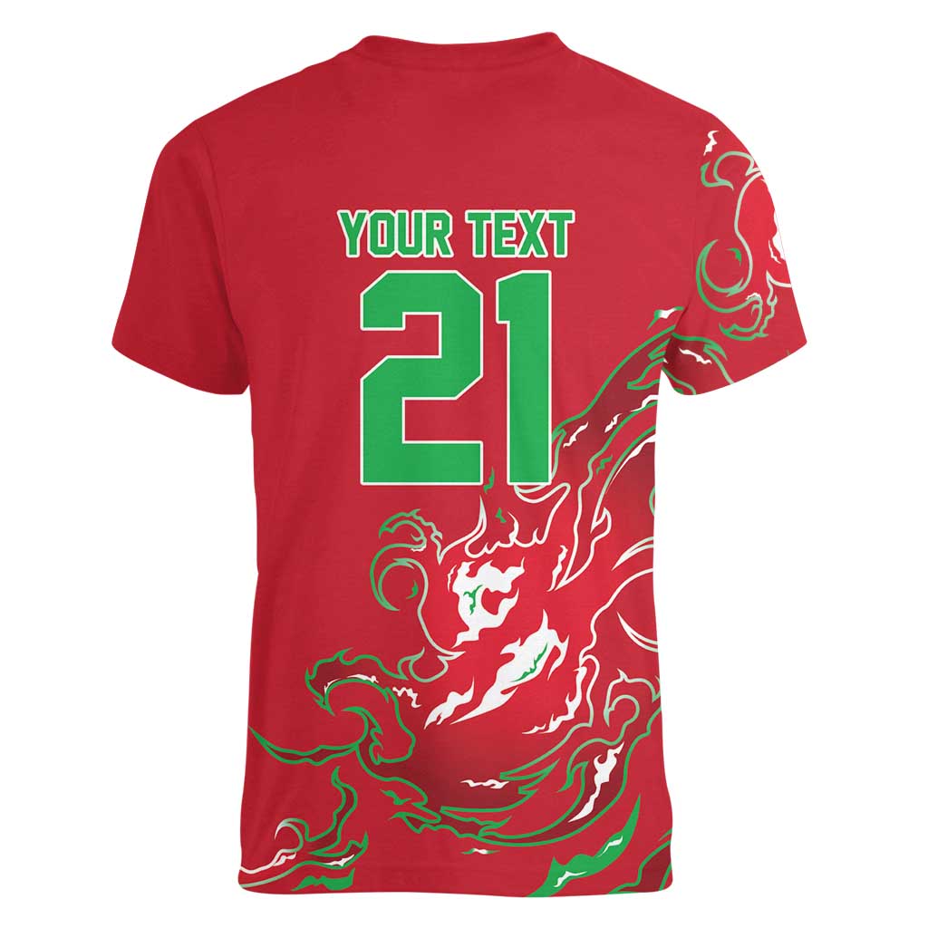 Custom Wales Rugby Pride Women V-Neck T-Shirt Cymru Three feathers Flame Fire Style
