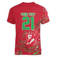Custom Wales Rugby Pride Women V-Neck T-Shirt Cymru Three feathers Flame Fire Style