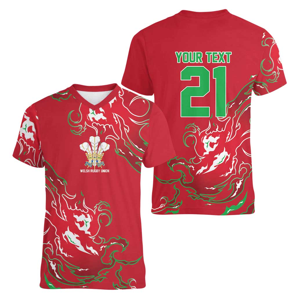 Custom Wales Rugby Pride Women V-Neck T-Shirt Cymru Three feathers Flame Fire Style