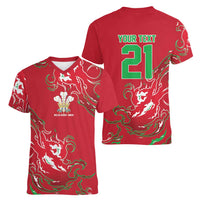 Custom Wales Rugby Pride Women V-Neck T-Shirt Cymru Three feathers Flame Fire Style