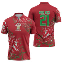 Custom Wales Rugby Pride Zipper Polo Shirt Cymru Three feathers Flame Fire Style