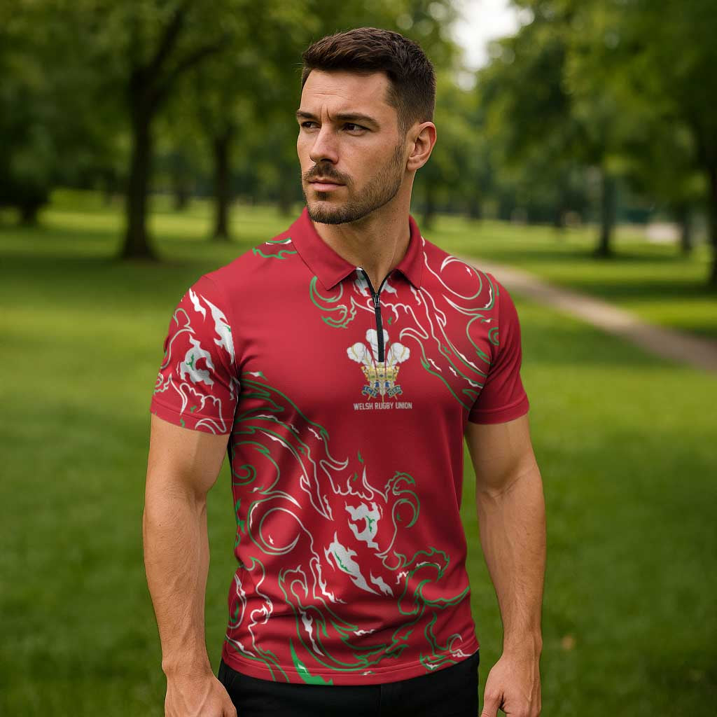 Custom Wales Rugby Pride Zipper Polo Shirt Cymru Three feathers Flame Fire Style