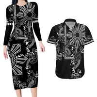 Filipino Sun Tribal Tattoo Couples Matching Long Sleeve Bodycon Dress and Hawaiian Shirt Philippines Inspired Barong Simple Black LT9 - Wonder Print Shop