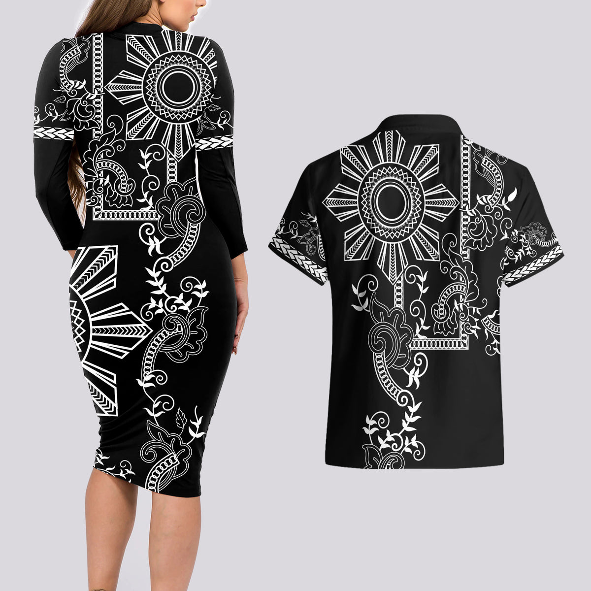 Filipino Sun Tribal Tattoo Couples Matching Long Sleeve Bodycon Dress and Hawaiian Shirt Philippines Inspired Barong Simple Black LT9 - Wonder Print Shop