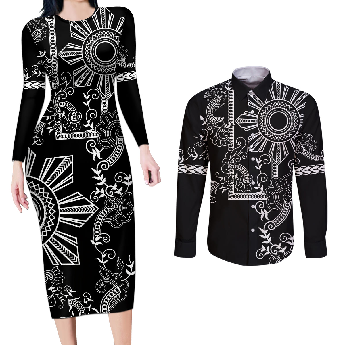 Filipino Sun Tribal Tattoo Couples Matching Long Sleeve Bodycon Dress and Long Sleeve Button Shirt Philippines Inspired Barong Simple Black LT9 - Wonder Print Shop