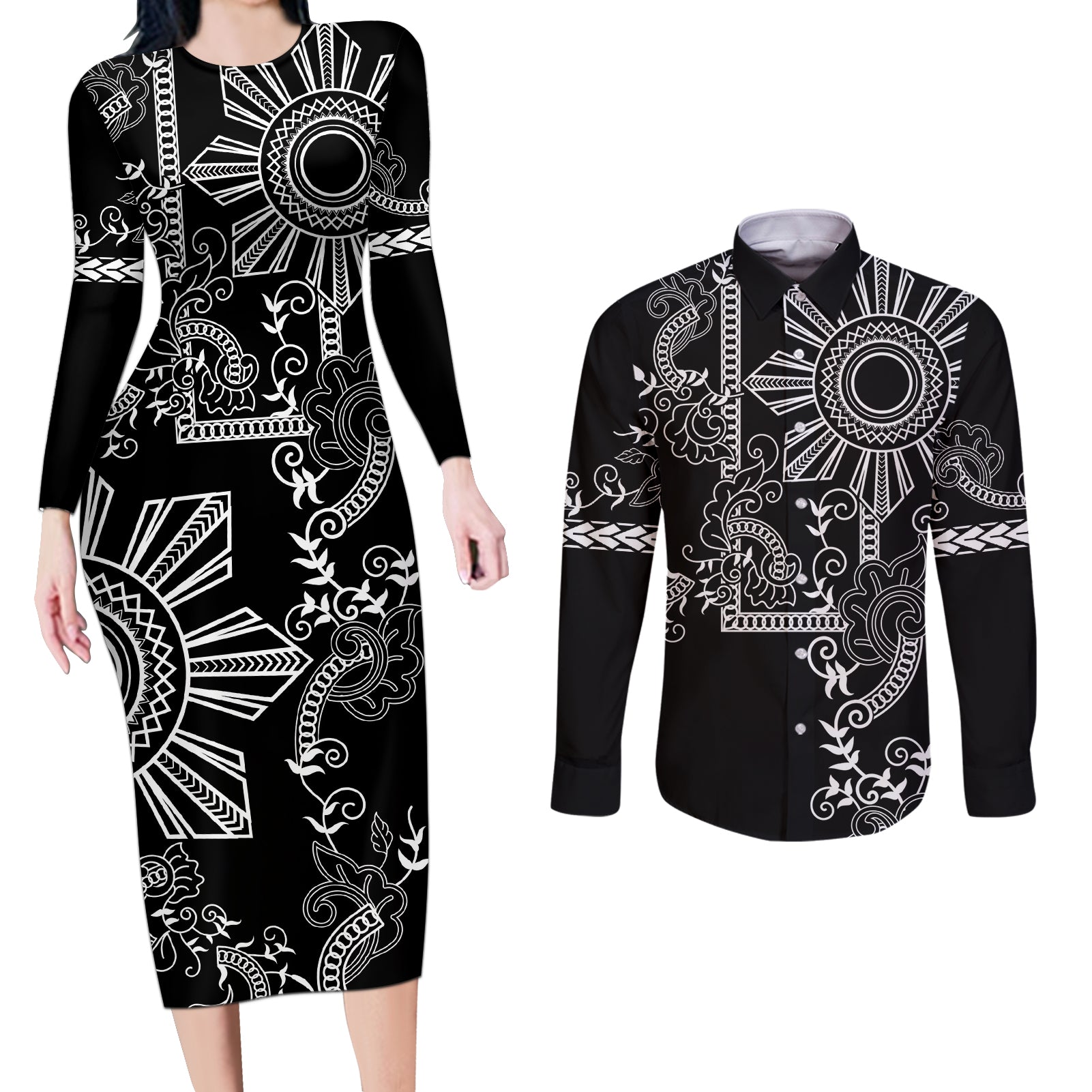 Filipino Sun Tribal Tattoo Couples Matching Long Sleeve Bodycon Dress and Long Sleeve Button Shirt Philippines Inspired Barong Simple Black LT9 - Wonder Print Shop