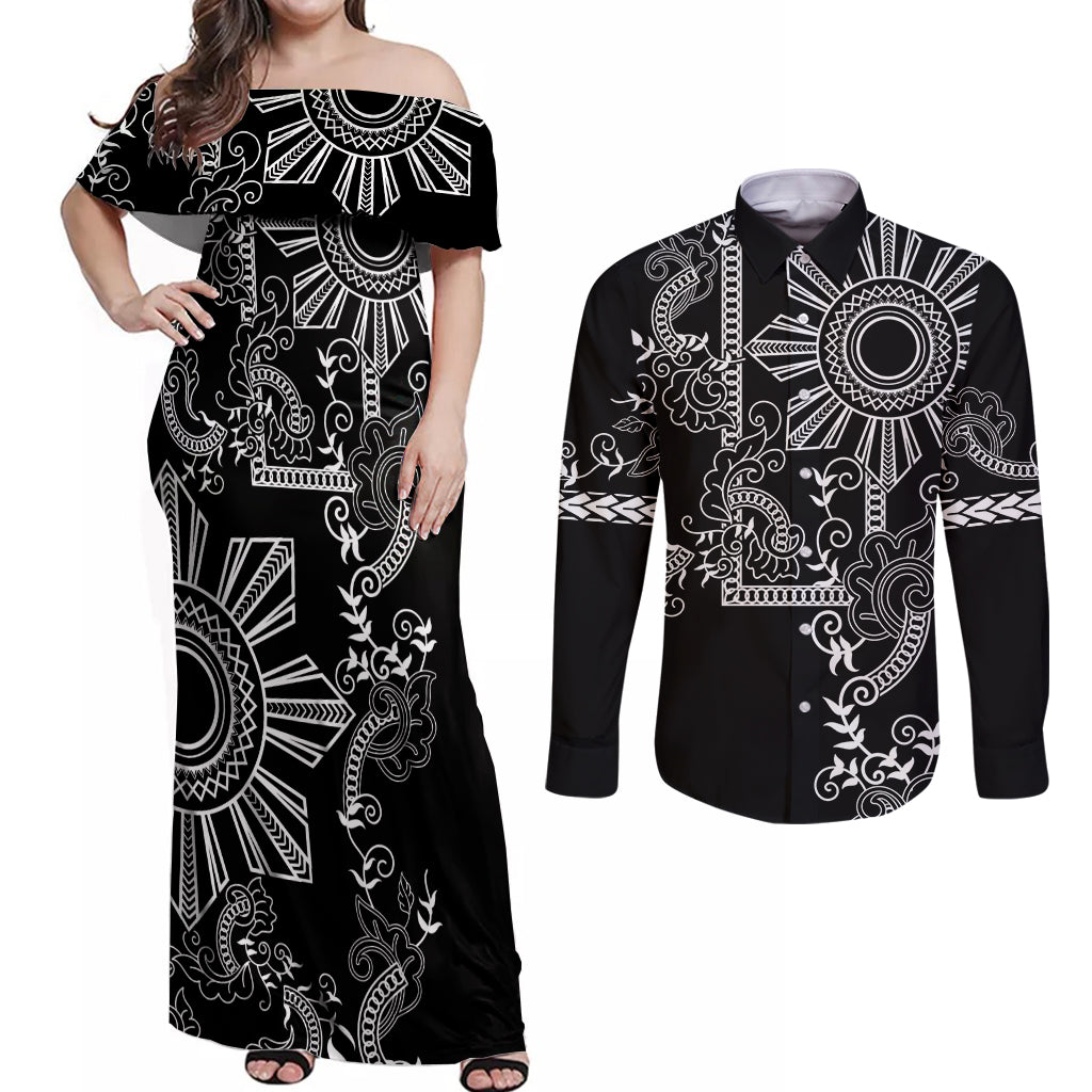 Filipino Sun Tribal Tattoo Couples Matching Off Shoulder Maxi Dress and Long Sleeve Button Shirt Philippines Inspired Barong Simple Black LT9 - Wonder Print Shop