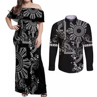 Filipino Sun Tribal Tattoo Couples Matching Off Shoulder Maxi Dress and Long Sleeve Button Shirt Philippines Inspired Barong Simple Black LT9 - Wonder Print Shop