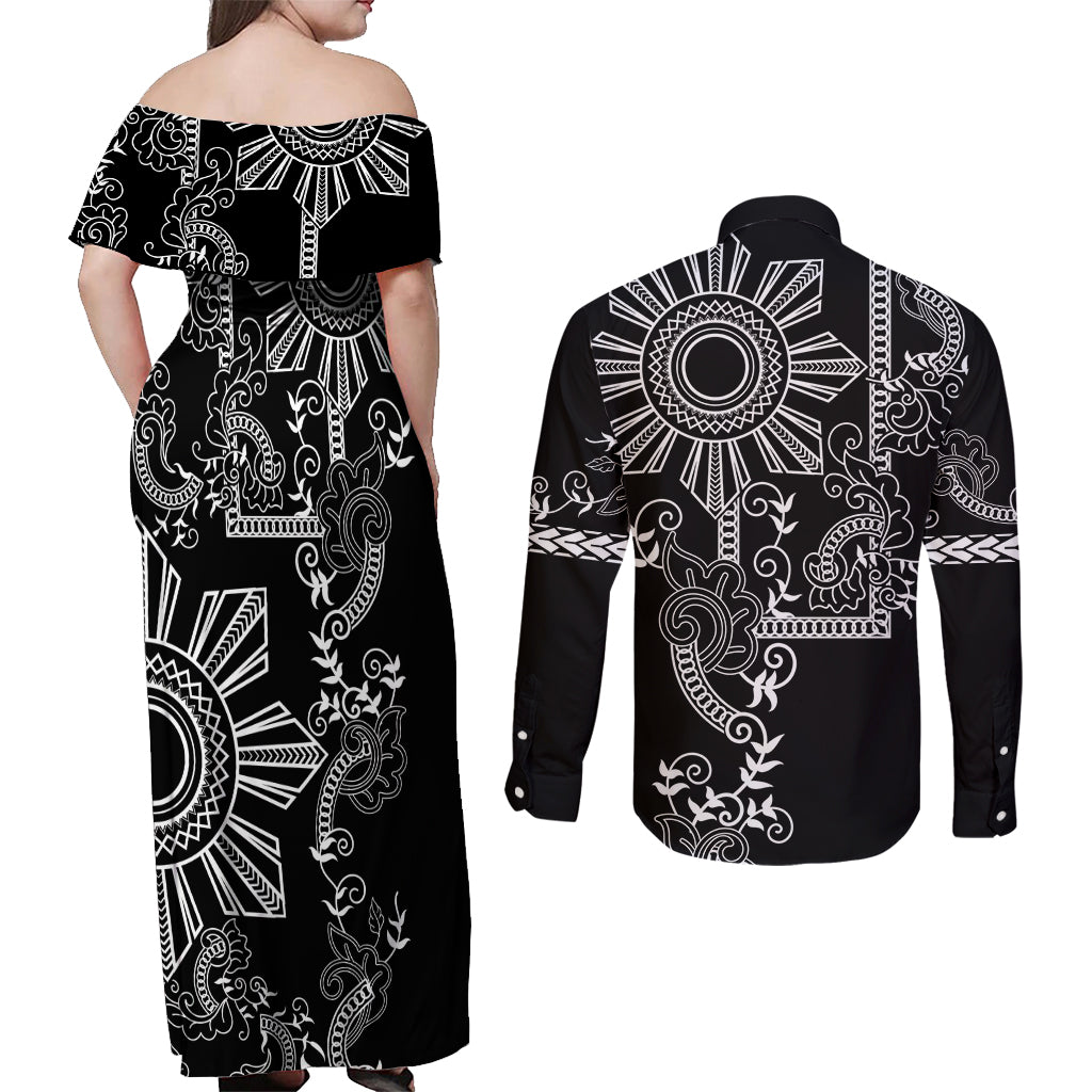 Filipino Sun Tribal Tattoo Couples Matching Off Shoulder Maxi Dress and Long Sleeve Button Shirt Philippines Inspired Barong Simple Black LT9 - Wonder Print Shop