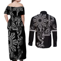 Filipino Sun Tribal Tattoo Couples Matching Off Shoulder Maxi Dress and Long Sleeve Button Shirt Philippines Inspired Barong Simple Black LT9 - Wonder Print Shop