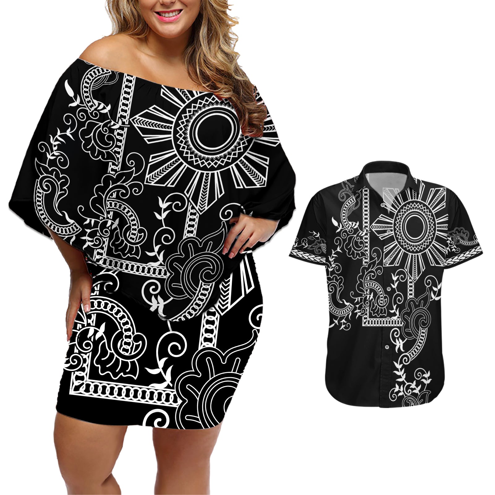 Filipino Sun Tribal Tattoo Couples Matching Off Shoulder Short Dress and Hawaiian Shirt Philippines Inspired Barong Simple Black LT9 - Wonder Print Shop