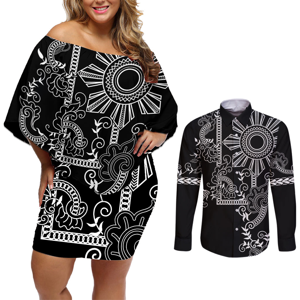 Filipino Sun Tribal Tattoo Couples Matching Off Shoulder Short Dress and Long Sleeve Button Shirt Philippines Inspired Barong Simple Black LT9 - Wonder Print Shop