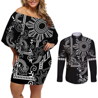 Filipino Sun Tribal Tattoo Couples Matching Off Shoulder Short Dress and Long Sleeve Button Shirt Philippines Inspired Barong Simple Black LT9 - Wonder Print Shop