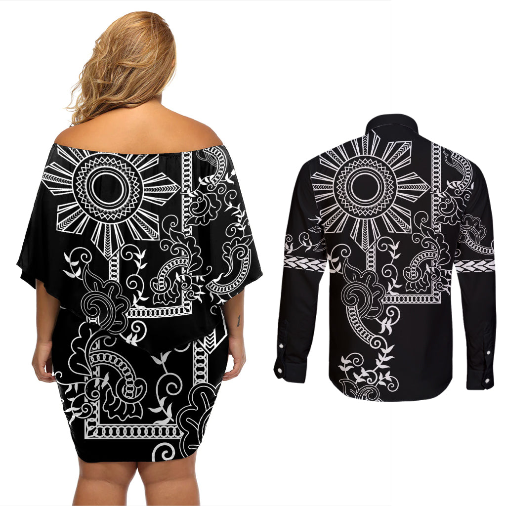 Filipino Sun Tribal Tattoo Couples Matching Off Shoulder Short Dress and Long Sleeve Button Shirt Philippines Inspired Barong Simple Black LT9 - Wonder Print Shop