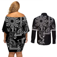 Filipino Sun Tribal Tattoo Couples Matching Off Shoulder Short Dress and Long Sleeve Button Shirt Philippines Inspired Barong Simple Black LT9 - Wonder Print Shop