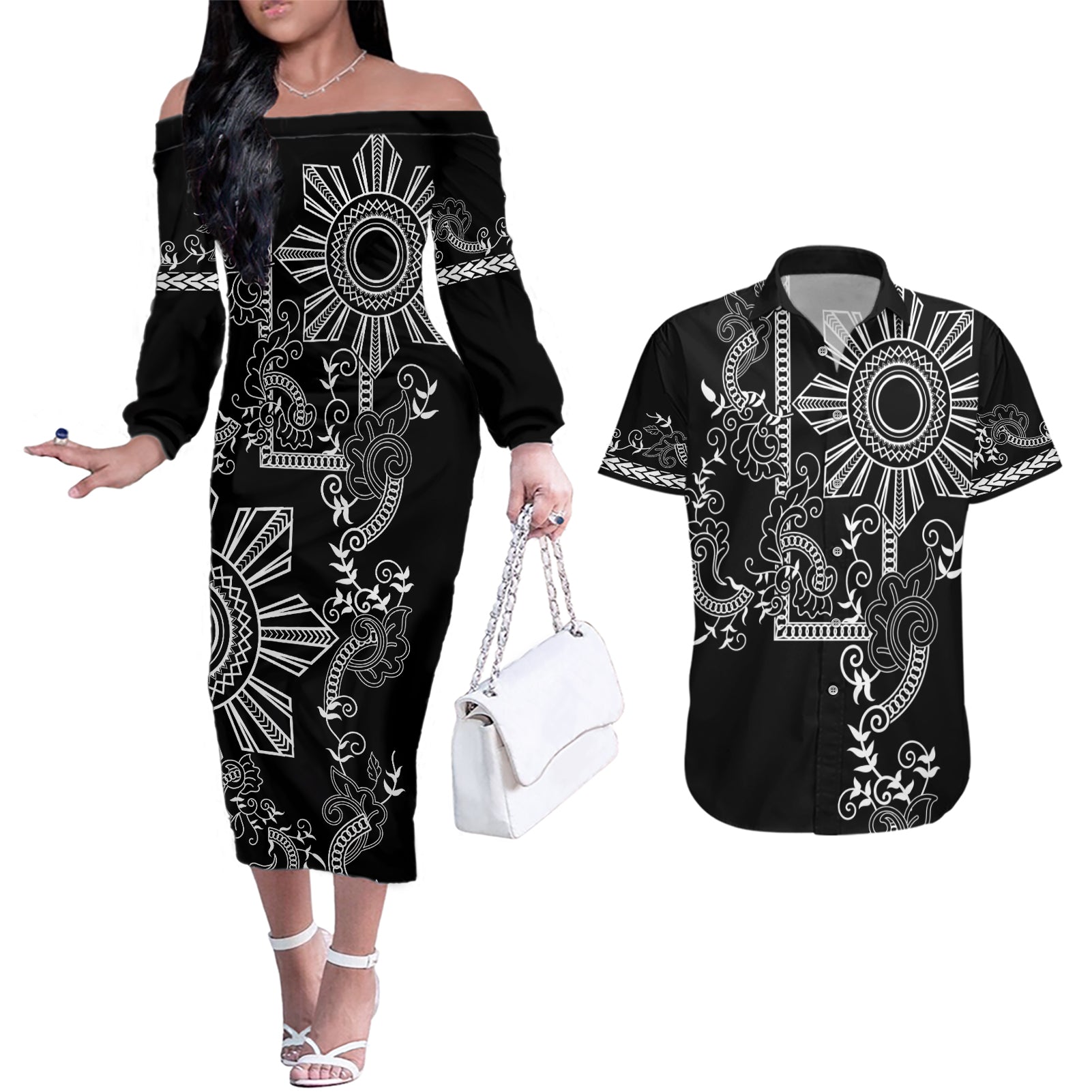Filipino Sun Tribal Tattoo Couples Matching Off The Shoulder Long Sleeve Dress and Hawaiian Shirt Philippines Inspired Barong Simple Black LT9 - Wonder Print Shop
