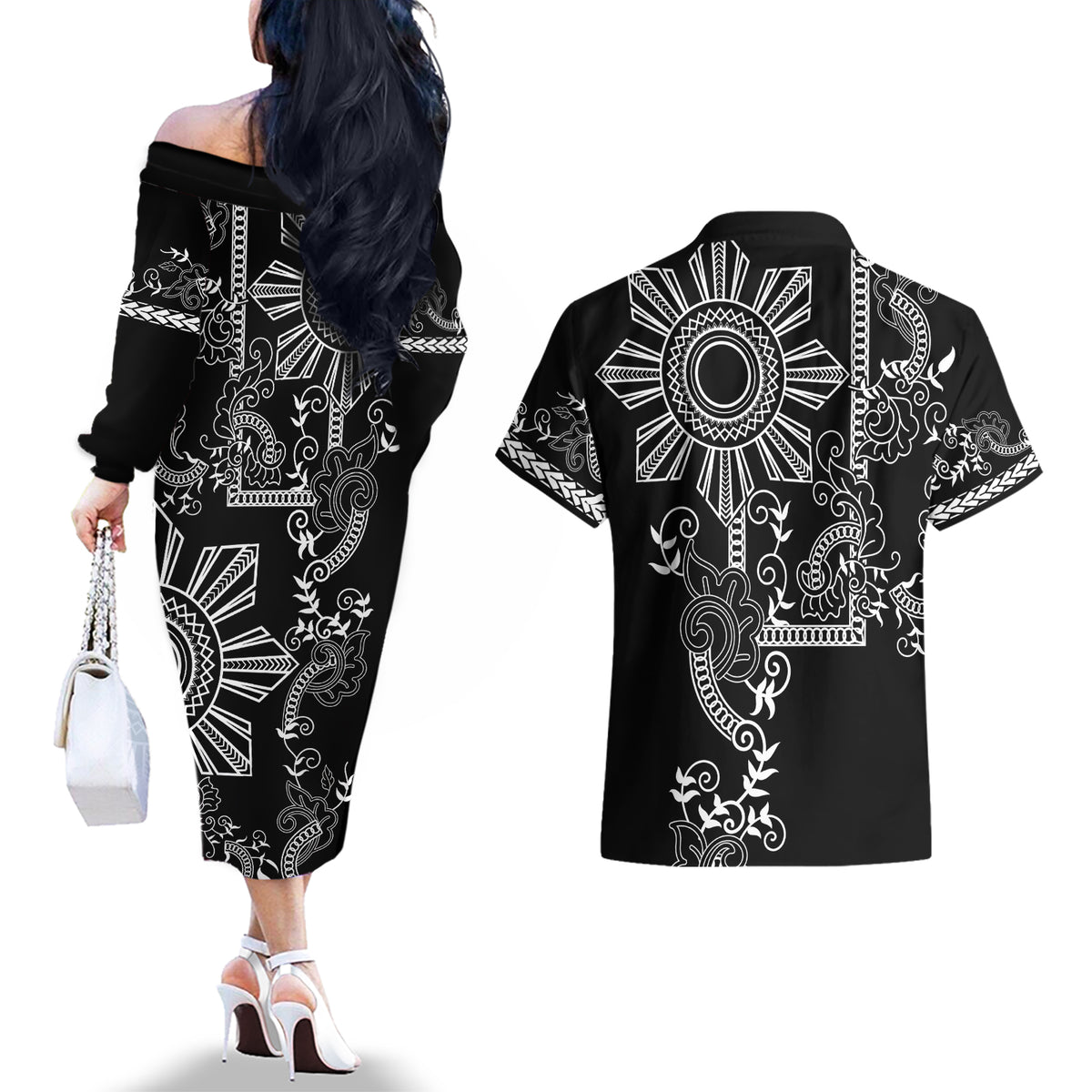 Filipino Sun Tribal Tattoo Couples Matching Off The Shoulder Long Sleeve Dress and Hawaiian Shirt Philippines Inspired Barong Simple Black LT9 - Wonder Print Shop