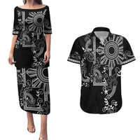 Filipino Sun Tribal Tattoo Couples Matching Puletasi and Hawaiian Shirt Philippines Inspired Barong Simple Black LT9 - Wonder Print Shop