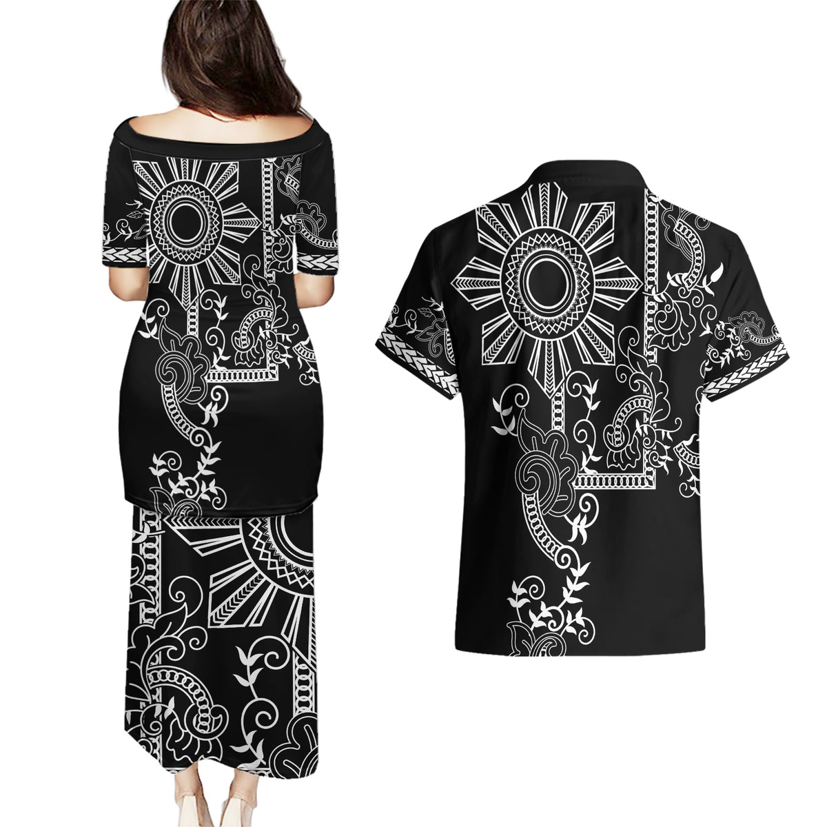 Filipino Sun Tribal Tattoo Couples Matching Puletasi and Hawaiian Shirt Philippines Inspired Barong Simple Black LT9 - Wonder Print Shop
