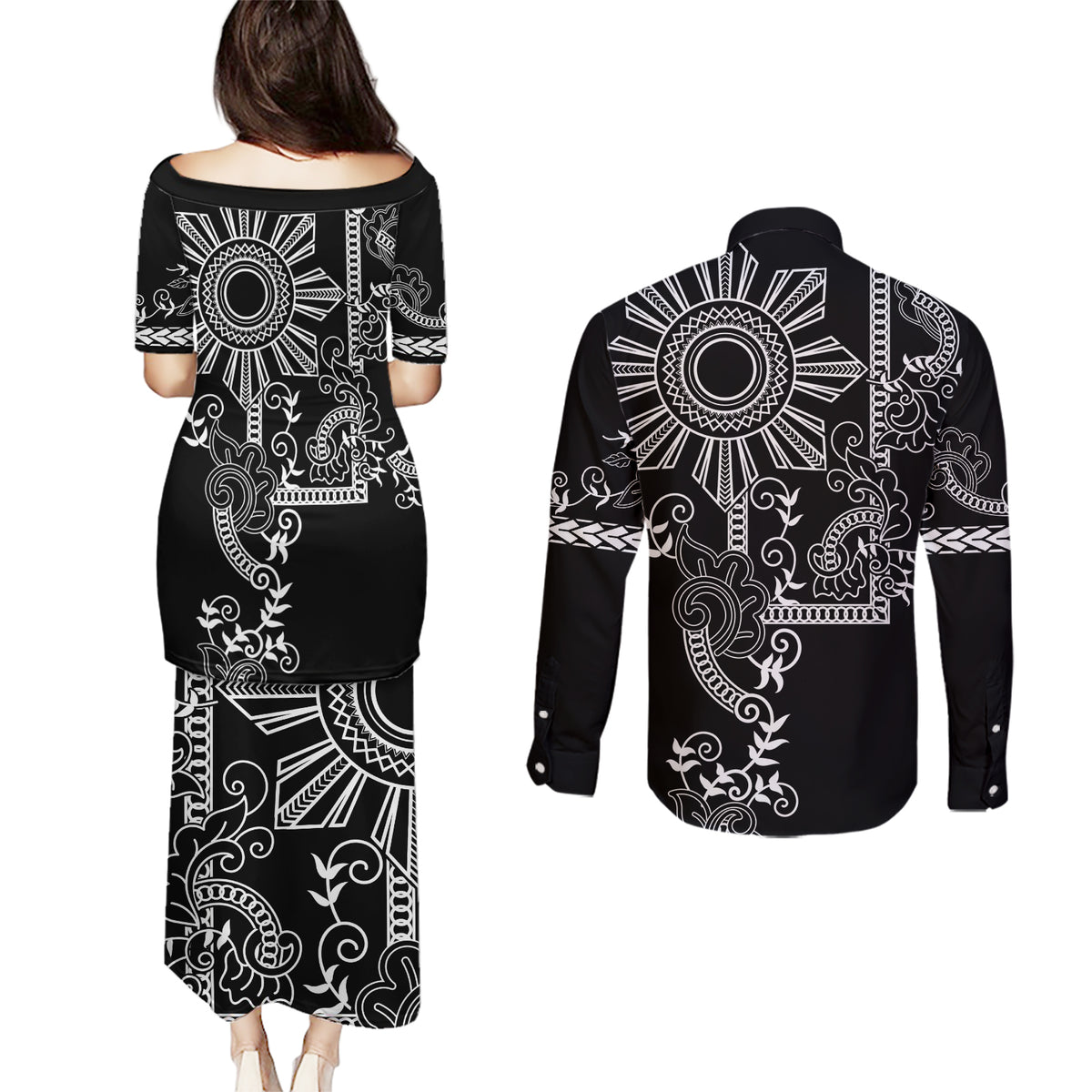 Filipino Sun Tribal Tattoo Couples Matching Puletasi and Long Sleeve Button Shirt Philippines Inspired Barong Simple Black LT9 - Wonder Print Shop