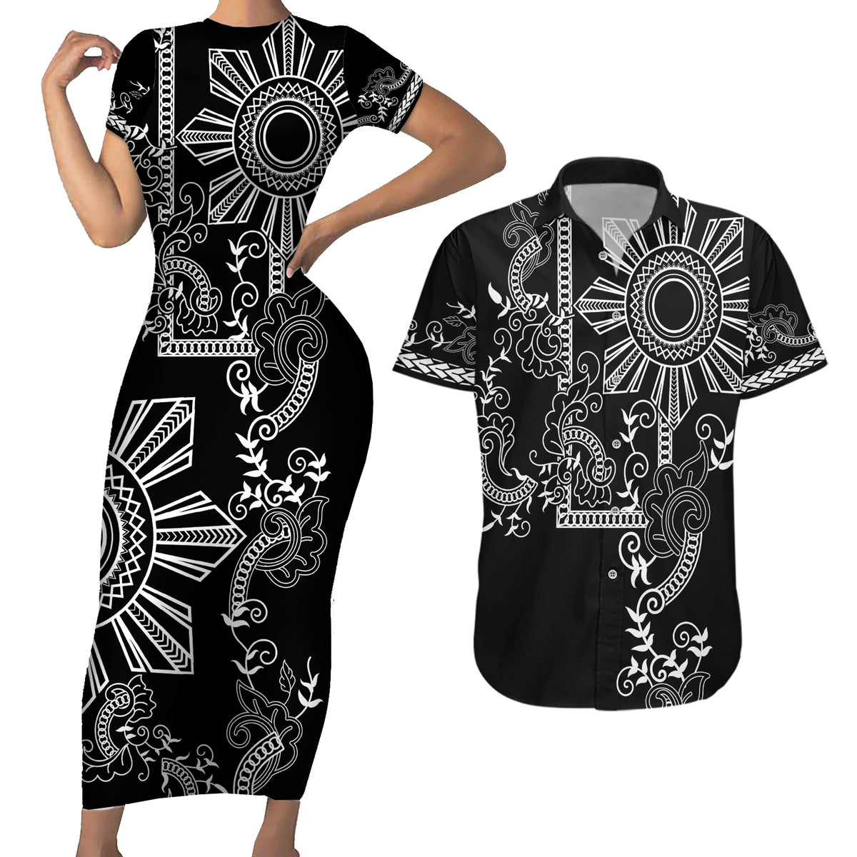 Filipino Sun Tribal Tattoo Couples Matching Short Sleeve Bodycon Dress and Hawaiian Shirt Philippines Inspired Barong Simple Black LT9 - Wonder Print Shop