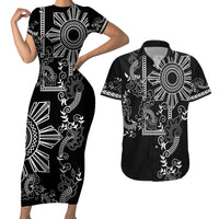 Filipino Sun Tribal Tattoo Couples Matching Short Sleeve Bodycon Dress and Hawaiian Shirt Philippines Inspired Barong Simple Black LT9 - Wonder Print Shop