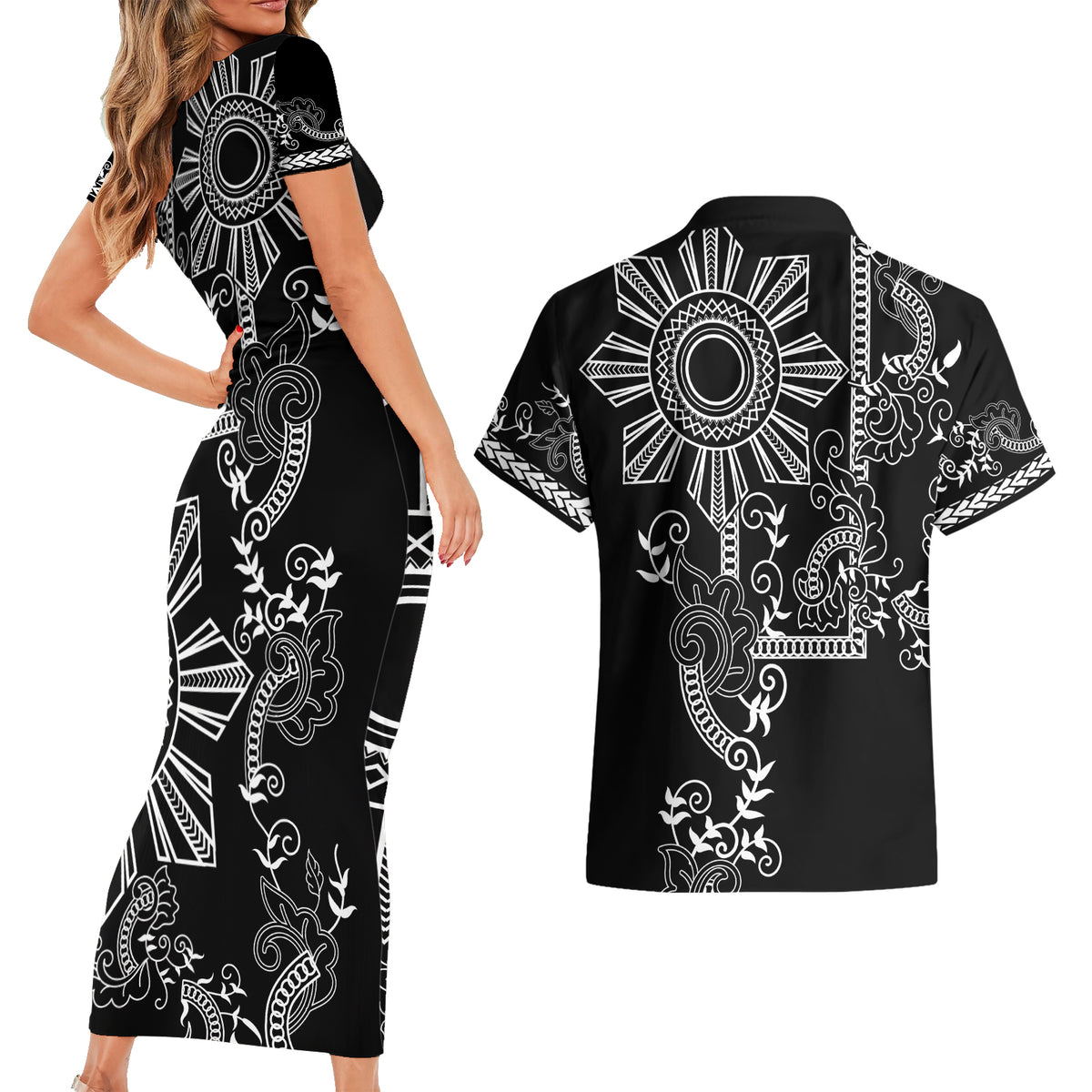 Filipino Sun Tribal Tattoo Couples Matching Short Sleeve Bodycon Dress and Hawaiian Shirt Philippines Inspired Barong Simple Black LT9 - Wonder Print Shop
