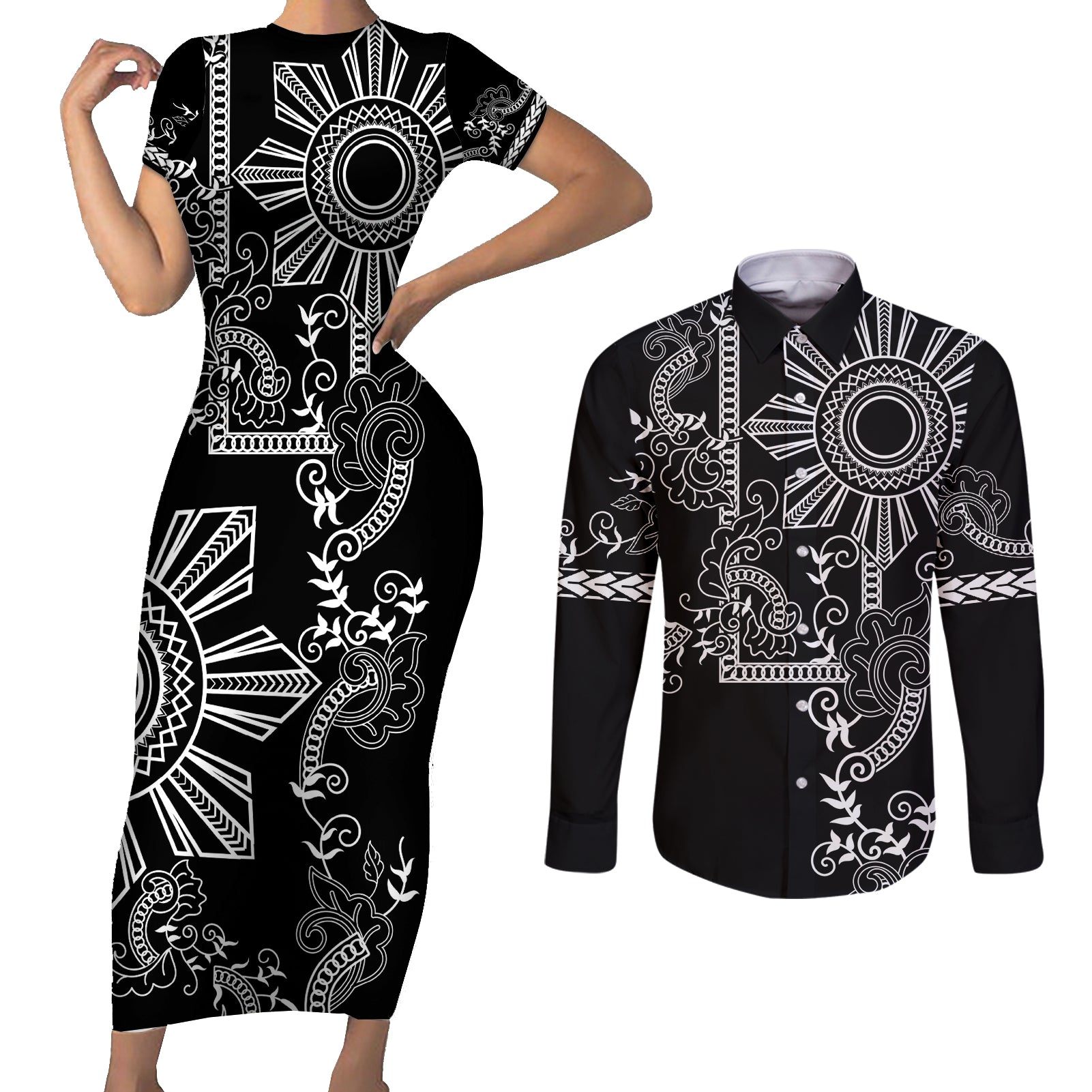 Filipino Sun Tribal Tattoo Couples Matching Short Sleeve Bodycon Dress and Long Sleeve Button Shirt Philippines Inspired Barong Simple Black LT9 - Wonder Print Shop