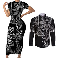 Filipino Sun Tribal Tattoo Couples Matching Short Sleeve Bodycon Dress and Long Sleeve Button Shirt Philippines Inspired Barong Simple Black LT9 - Wonder Print Shop