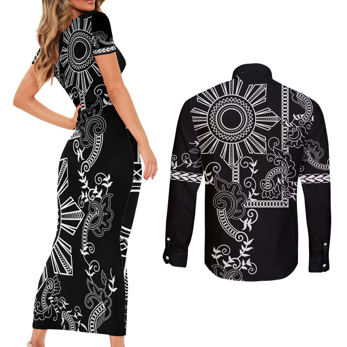 Filipino Sun Tribal Tattoo Couples Matching Short Sleeve Bodycon Dress and Long Sleeve Button Shirt Philippines Inspired Barong Simple Black LT9 - Wonder Print Shop