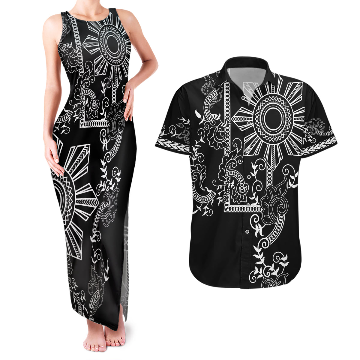 Filipino Sun Tribal Tattoo Couples Matching Tank Maxi Dress and Hawaiian Shirt Philippines Inspired Barong Simple Black LT9 - Wonder Print Shop