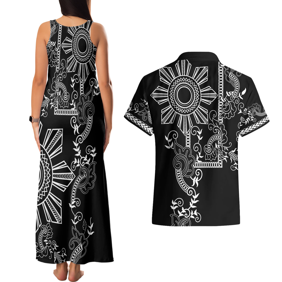 Filipino Sun Tribal Tattoo Couples Matching Tank Maxi Dress and Hawaiian Shirt Philippines Inspired Barong Simple Black LT9 - Wonder Print Shop