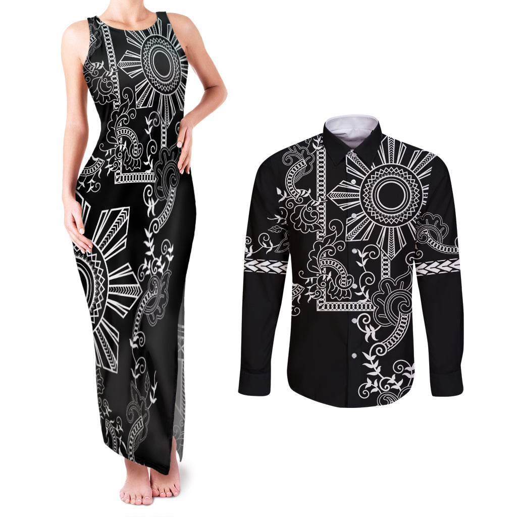 Filipino Sun Tribal Tattoo Couples Matching Tank Maxi Dress and Long Sleeve Button Shirt Philippines Inspired Barong Simple Black LT9 - Wonder Print Shop