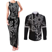 Filipino Sun Tribal Tattoo Couples Matching Tank Maxi Dress and Long Sleeve Button Shirt Philippines Inspired Barong Simple Black LT9 - Wonder Print Shop