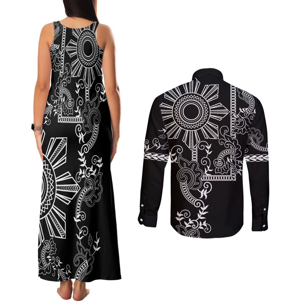 Filipino Sun Tribal Tattoo Couples Matching Tank Maxi Dress and Long Sleeve Button Shirt Philippines Inspired Barong Simple Black LT9 - Wonder Print Shop