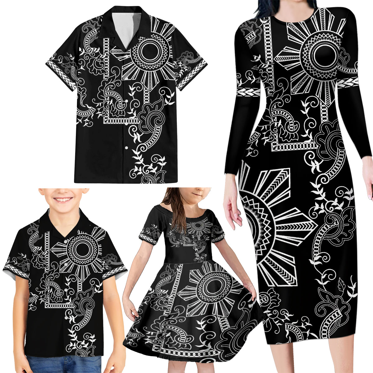 Filipino Sun Tribal Tattoo Family Matching Long Sleeve Bodycon Dress and Hawaiian Shirt Philippines Inspired Barong Simple Black LT9 - Wonder Print Shop