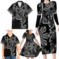 Filipino Sun Tribal Tattoo Family Matching Long Sleeve Bodycon Dress and Hawaiian Shirt Philippines Inspired Barong Simple Black LT9 - Wonder Print Shop