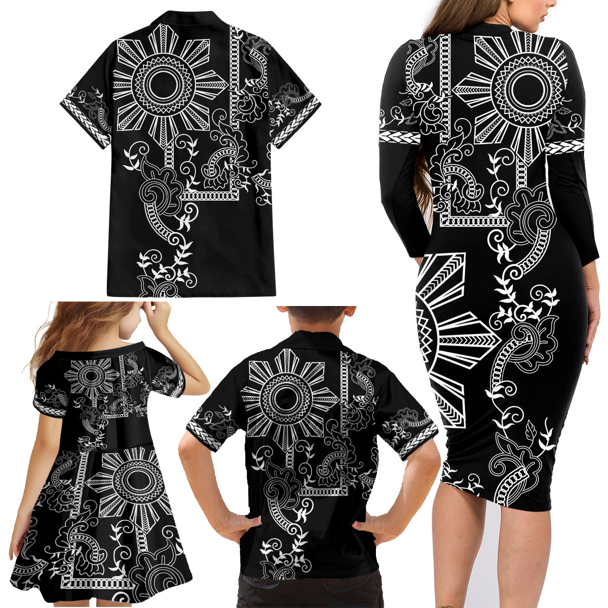 Filipino Sun Tribal Tattoo Family Matching Long Sleeve Bodycon Dress and Hawaiian Shirt Philippines Inspired Barong Simple Black LT9 - Wonder Print Shop